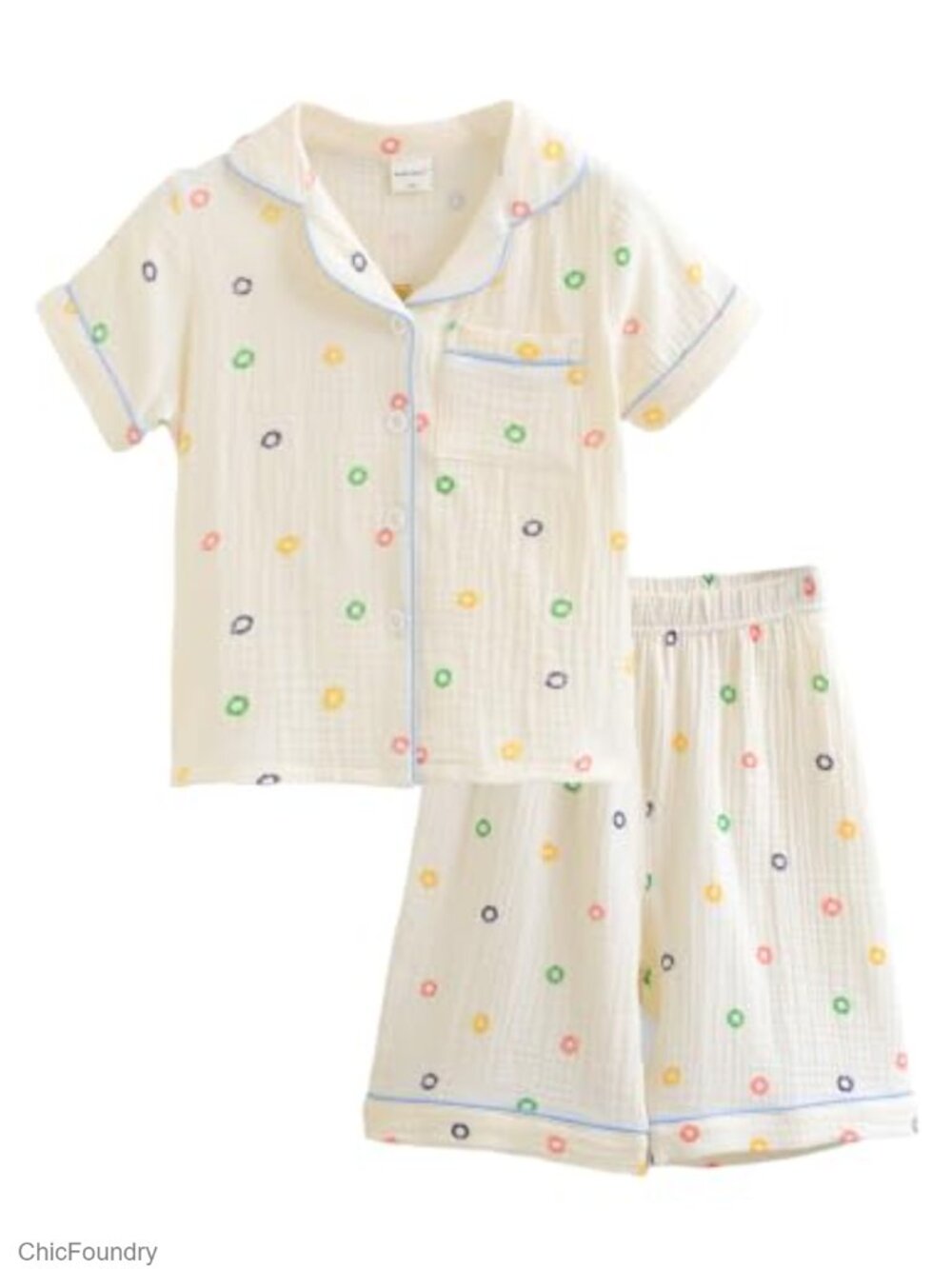 Kids Cotton Pajama Set Short Sleeve Button Down Summer Sleepwear